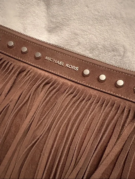 Michael Kors Brown Suede Fringe Wristlet Clutch with Stud Trim - Picture 3 of 5